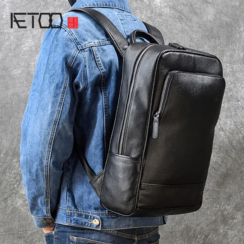 

AETOO Genuine leather men's backpack, men's first layer leather lychee pattern school bag, leather travel bag