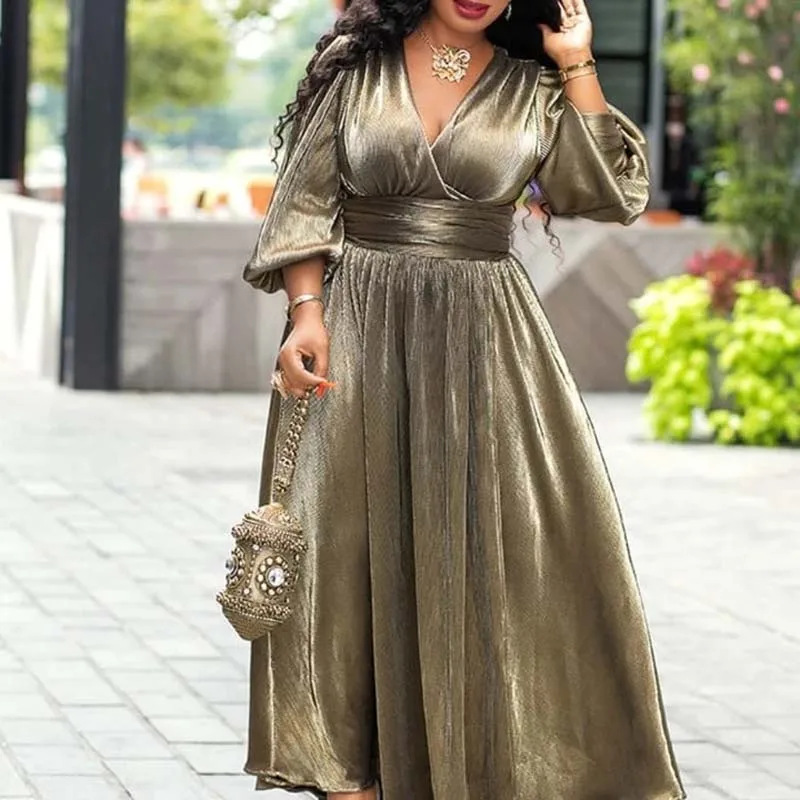 Sexy Evening Party Dress Women African Clothes Robe Long Plus Size Solid Gold V-Neck Split High Waist Pleated Ninght | Тематическая
