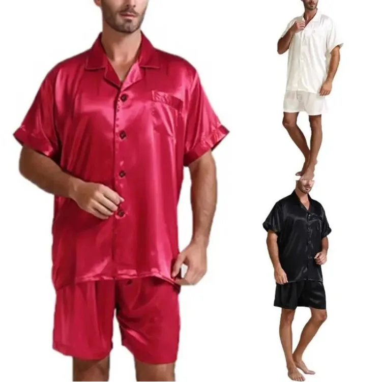 

Men Fahion Summer 2Pcs Pajamas Suits Sets Satin Silk Short Sleeve Sleepwear Nightwear Homewear Tops+pants