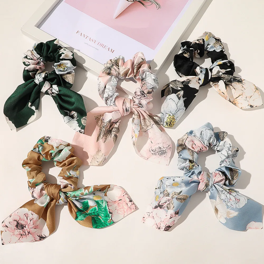 

2021 New Fashion bunny ears print Solid Color beautiful All-match Fabric ribbon for Women Elastic Girl Hair Accessories Headwear