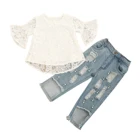 Citgeett детский летний костюм для маленьких девочек Повседневная одежда Комплекты расклешенные рукава с рисунком цветов и листьев, комплект из кружевного верха + рваные джинсы, комплект со штанами