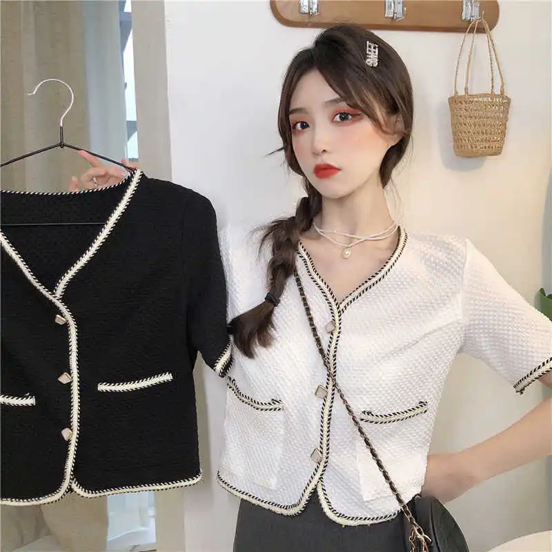 

Real Shot Jacquard Bubble Craft Fabric Short Sleeve T-shirt for Women