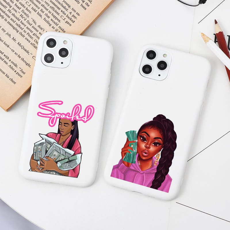 

Afro Girls Black Women Art white phone Case For iPhone11 12 Pro XS Max X XR 7 8 6 Plus 12Mini Make Money Cash Girl Soft TPU case
