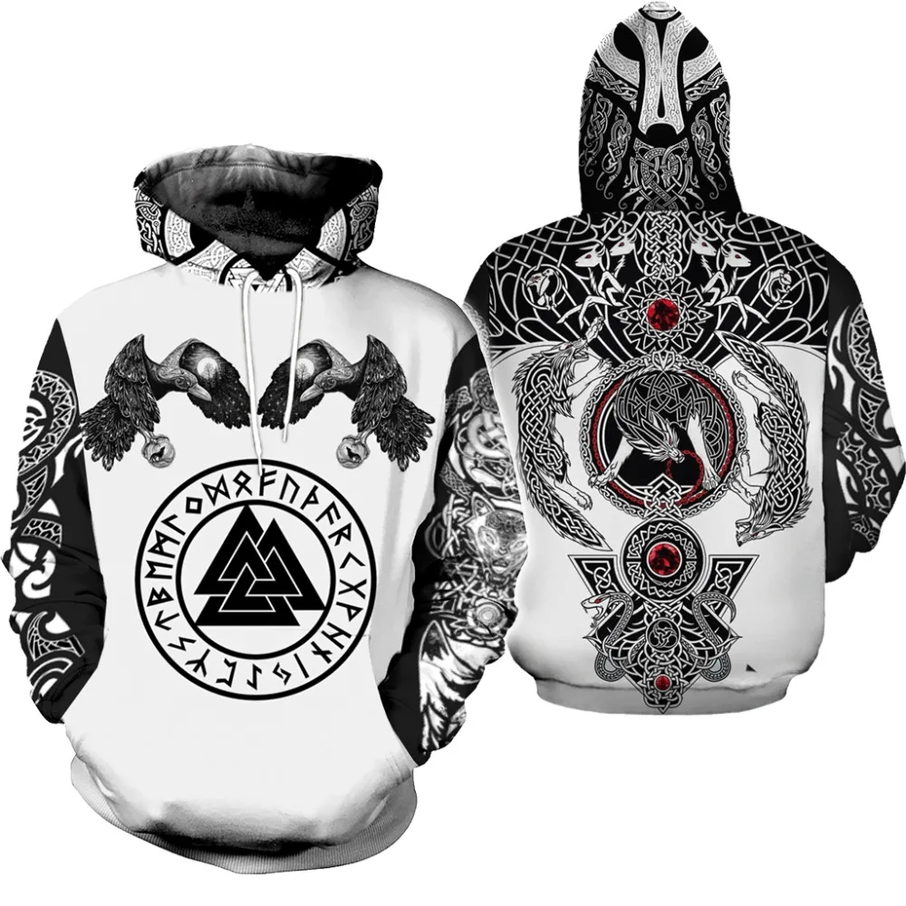 2020 символ викингов татуировки Ворон 3D печатная мужская толстовка с капюшоном в