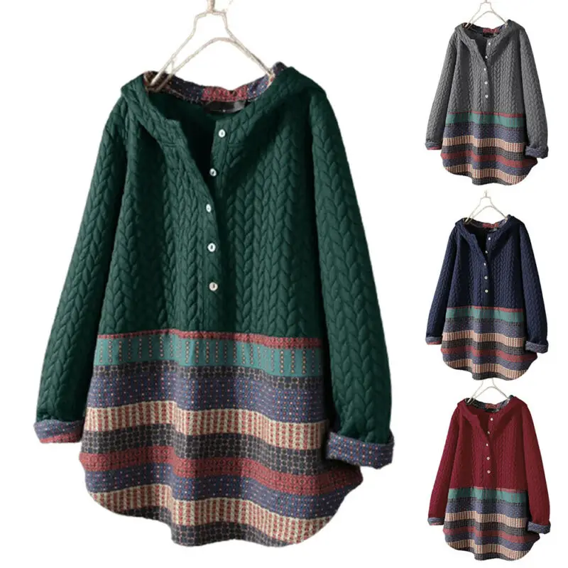 

Женский пуловер с капюшоном, мешковатый пуловер с длинным рукавом, в стиле бохо, размера плюс