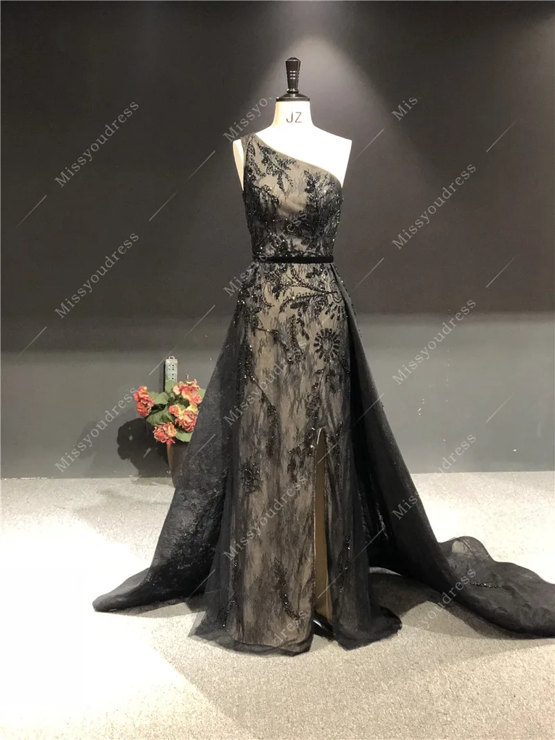 Vestidos de fiesta 2021 Real Sample Black One Shoulder Sleeveless Mermaid Open fork Formal Party Prom Bridal Women Evening Dress