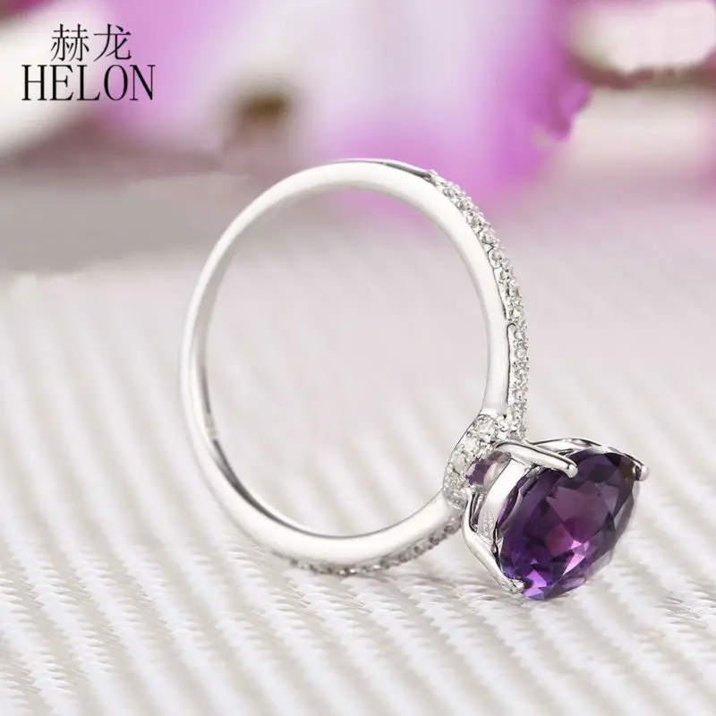 

HELON Sterling Silver 925 Flawless Oval 10 X8mm Genuine Natural Amethyst & Diamonds Engagement Wedding Trendy Fine Jewelry Ring