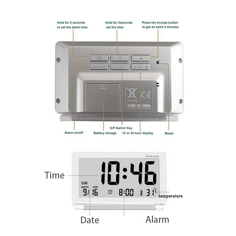 ЖК цифровой дорожный будильник календарь бесшумный электронный складной часы с