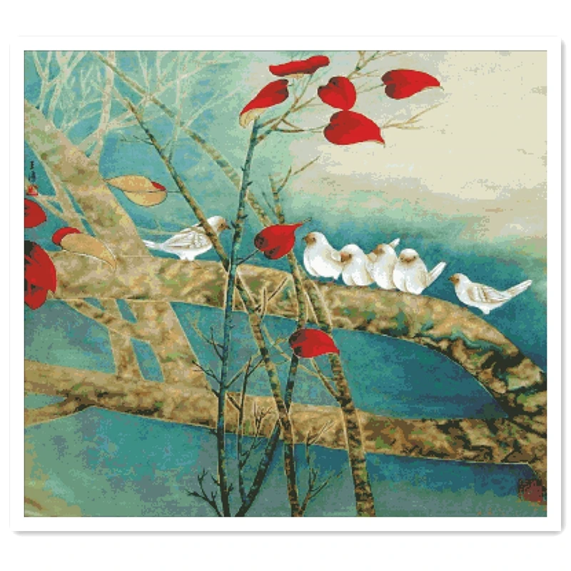 

White birds and red leaves cross stitch kit aida 14ct 11ct count canvas cross stitches needlework embroidery DIY handmade