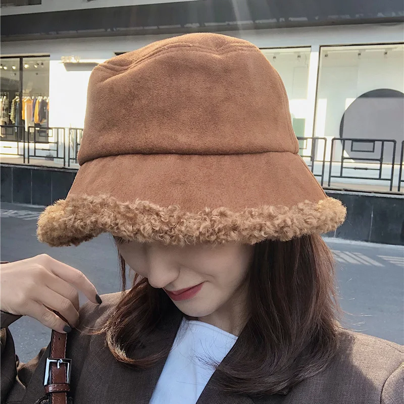 

Women Hat Winter Spring Artificial Fur Thick Warm Plush Female Cap Bucket Hat Wool Fisherman Caps Sunscreen Panama Lady Cap