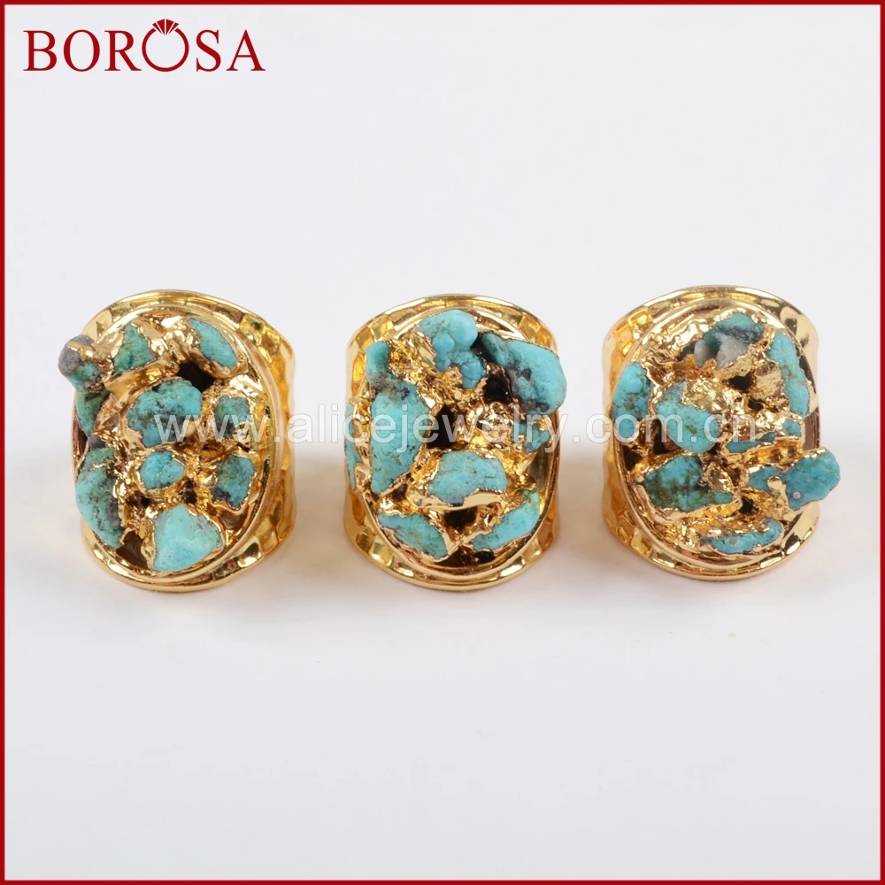 

BOROSA Fashion Gold Color Rough Natural Turquoises Chips Ring, Fashion Natural Blue Stone Druzy Jewelry Party Rings Women G1433