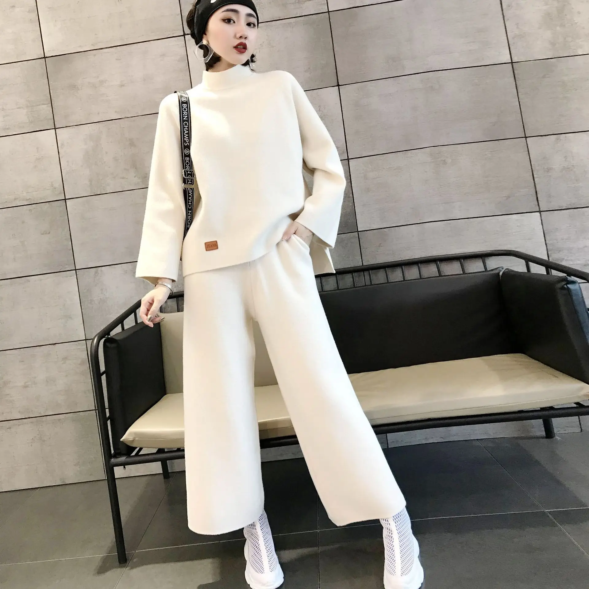 

T-shirt set casual double sided cashmere Korean fashion sweater for women autumn / winter 2019 new two piece set
