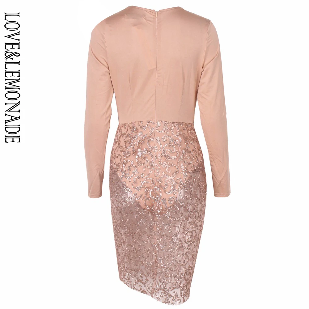 Женское вечернее платье LOVE & LEMONADE бежевое вечерние с блестками модель TB 9755|sexy sequin