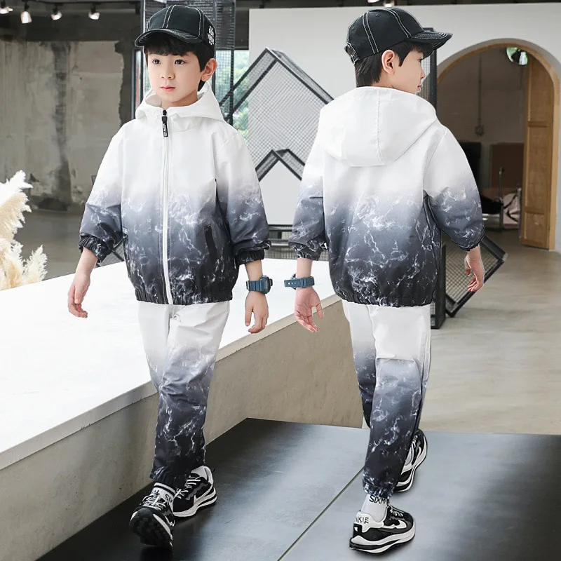 

Boys Spring New Gradient Hooded Jacket Suits Teen Kids Handsome Trend Printing Sportswear Children Outerwear+ Sweatpants 2pc/set