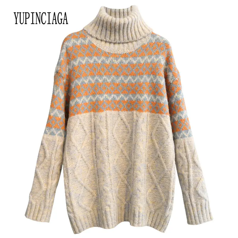 Свитер женский вязаный жаккардовый с высоким воротником и принтом | Женская