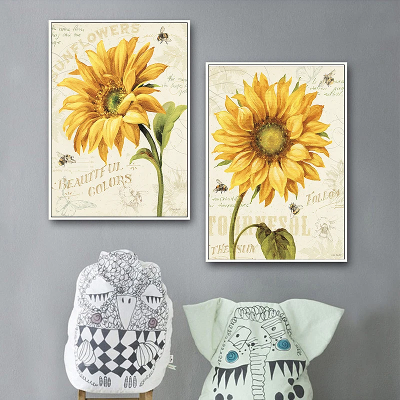 

Modern Nordic Sunrise Sunflower Vintage Retro Yellow Flowers Canvas Painting Plant Wall Art for Living Room Porch Decor Cuadros