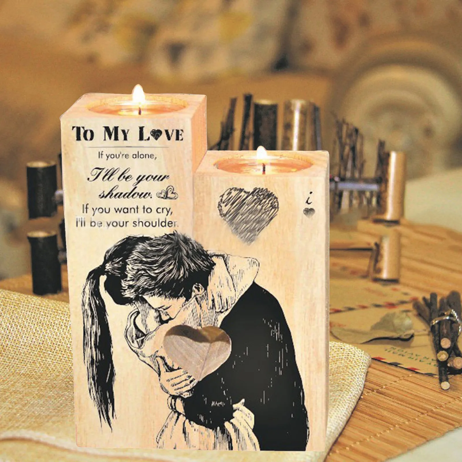 Деревянный подсвечник для пары и дочери с сердечком в виде корабля деревянный