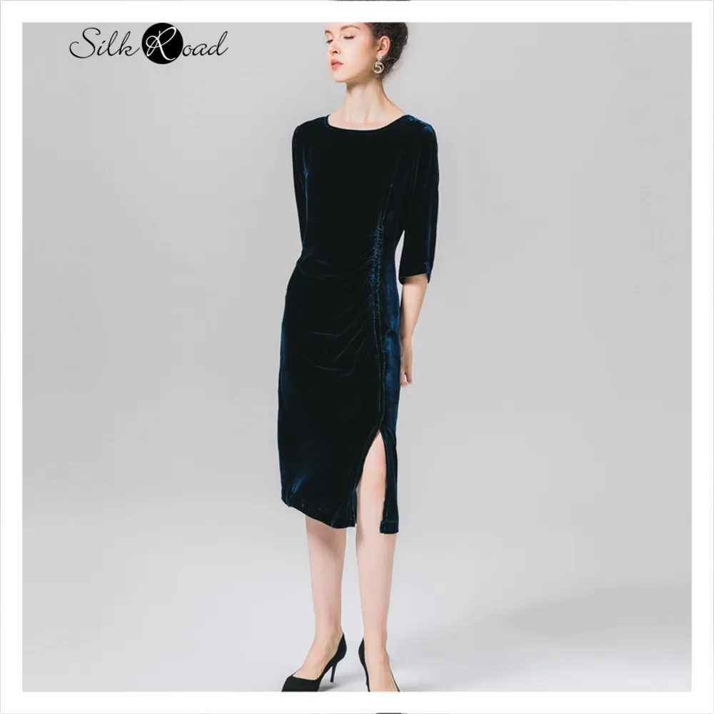 Silviye Silk velvet dress with waistband in French style high waisted 7-point sleeve long dress new spring dress 2020