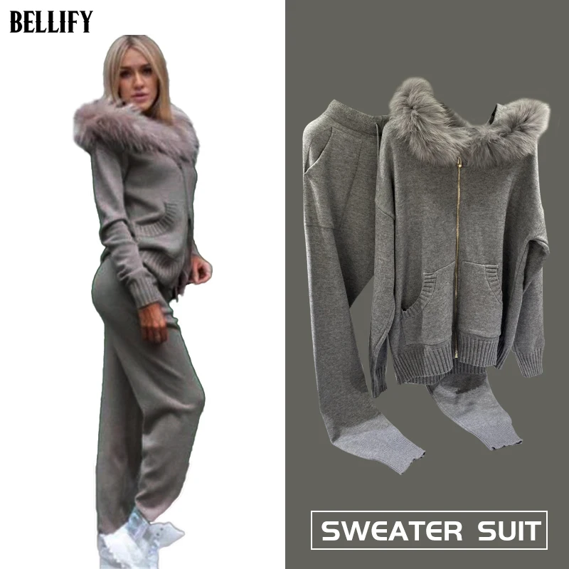Реальные с отделкой из кроличьего меха капюшоном свитер круглым вырезом и узкие