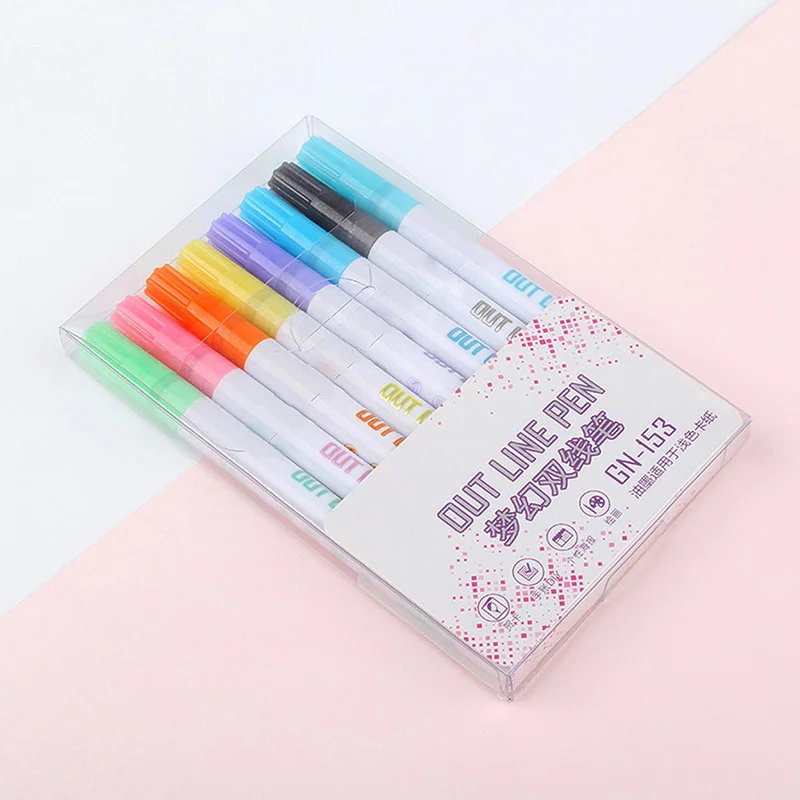 Double Line Pen 8 Colors Glitter Marker Fluorescent Outline Pens for Gift Card Writing Drawing DIY Art Crafts | Канцтовары для