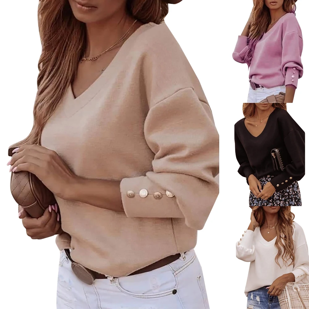 

Pullovers Button Long Sleeve Button Tops Solid Color Women V Neck Shirts Casual Oversize Womens Tshirts 2020