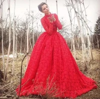 high neck red full lace muslim evening dresses 2020 long sleeves prom dresses zipper back formal party gowns pageant dress