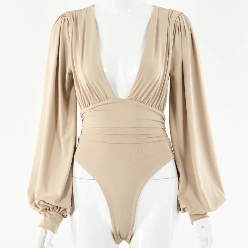 Женское боди с длинным рукавом Плиссированное глубоким V-образным вырезом