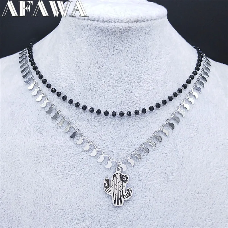 

Cactus Stainless Steel Black Crystal Beads Layered Necklace Chain Women Jewelry chaine collier acier inoxidable NXS02