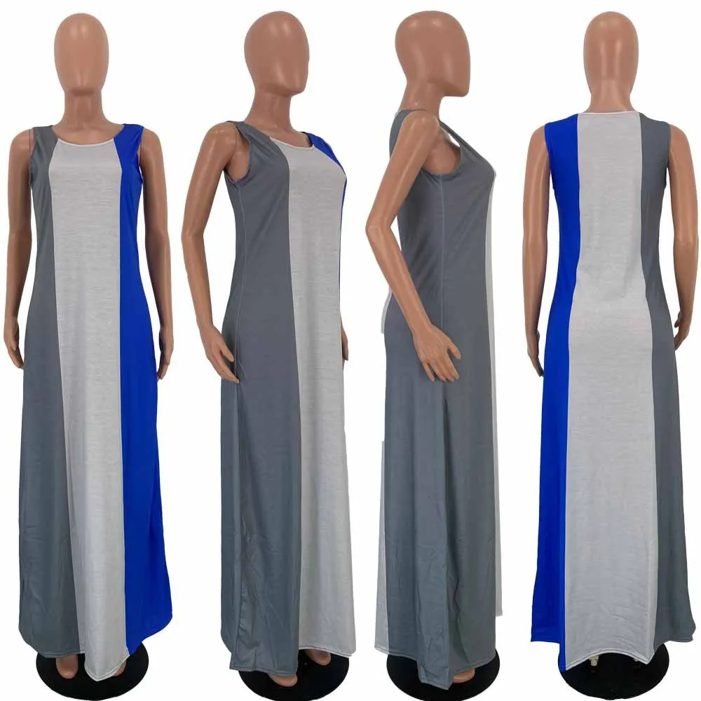 Женское контрастное платье без рукавов Повседневная Свободная длинная юбка в