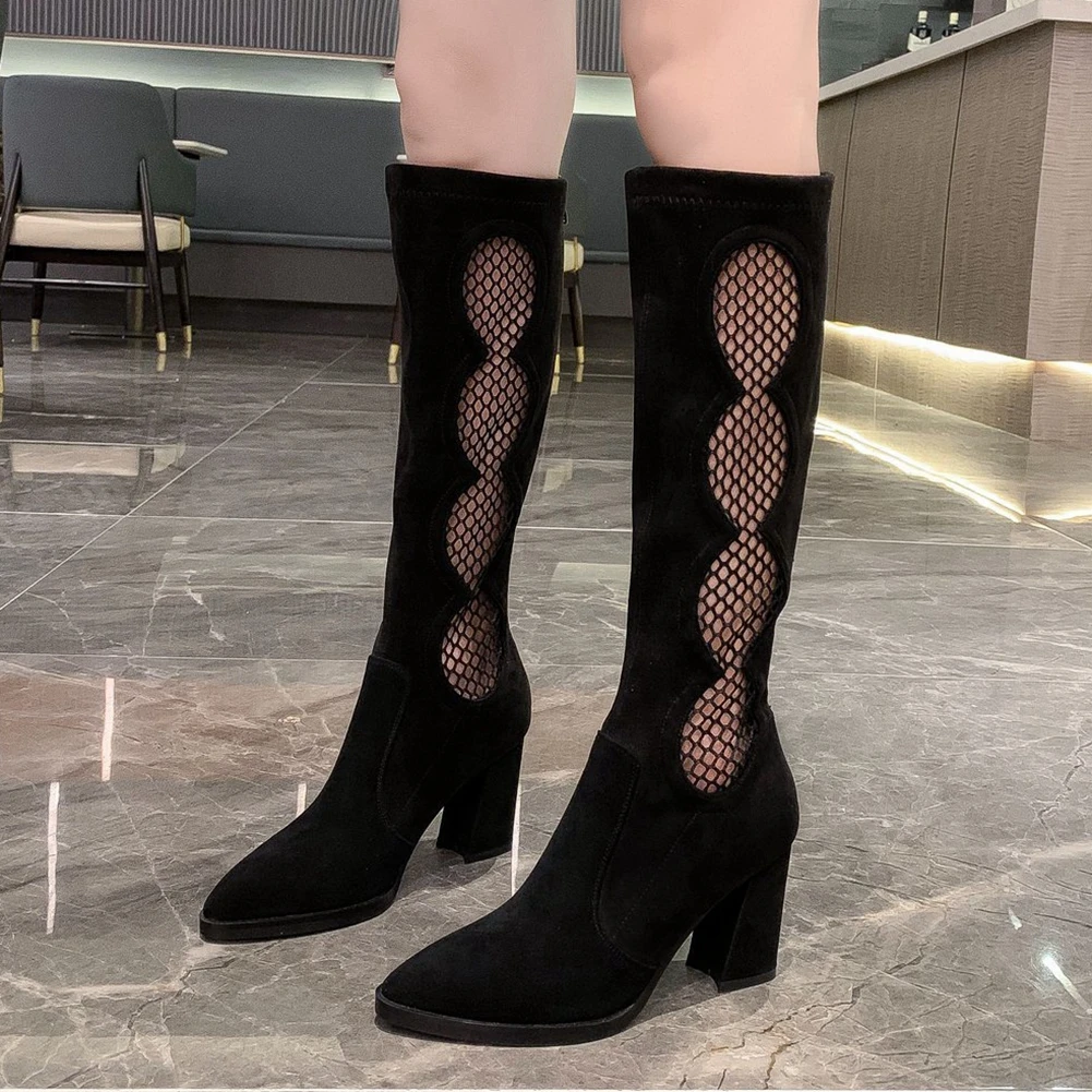 

KARINLUNA New Fashion Female Autumn Boots Pointed Toe Thick High Heels Hollow Out Zip Women Boots Knee High Women Shoes
