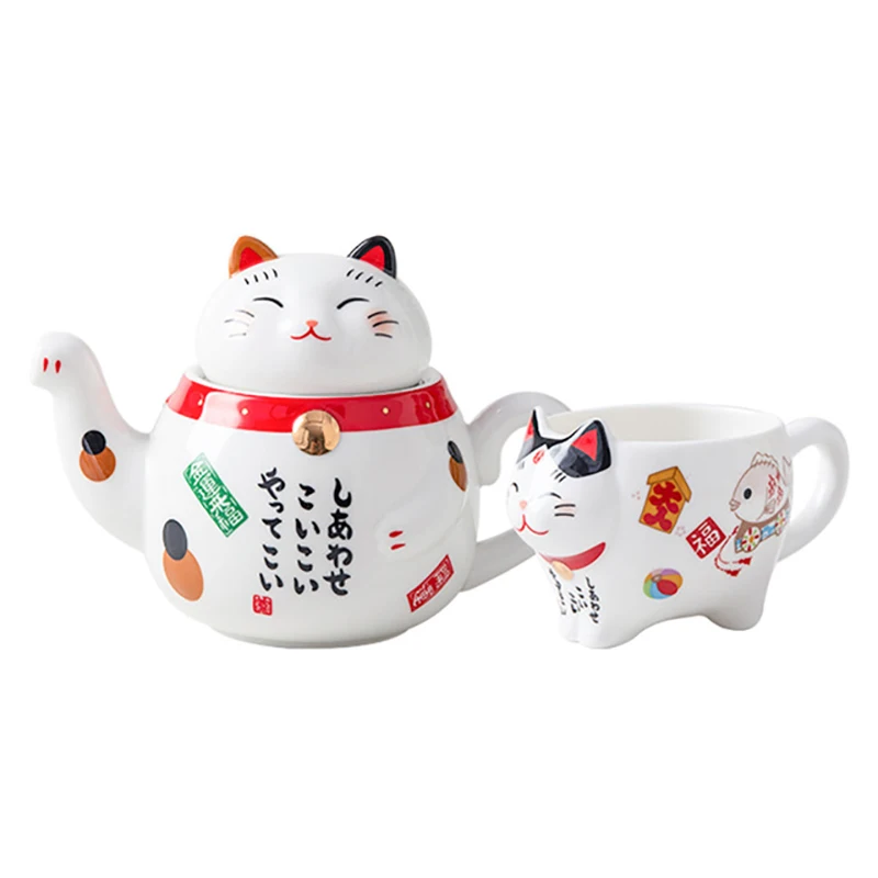 HOT 2 Pcs Cute Japanese Lucky Cat Porcelain Tea Set Creative Ceramic Cup Pot with Strainer Lovely Plutus Teapot Mug | Дом и сад