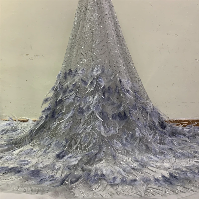 Glitter Silver Sequined African Lace Fabric High Quality Nigerian Lace Fabric With Feathers Handmade For Wedding Evening Dress new high end luxury sequined mesh embroidery hollow wedding dress fabric handmade diy material white wedding dress lace