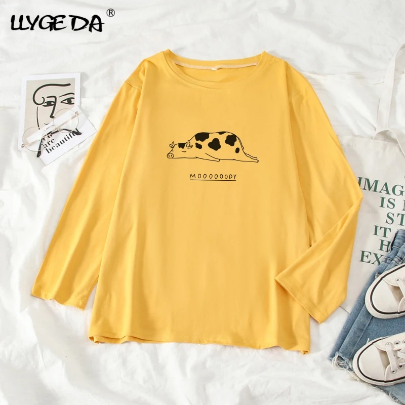 

Lying Cow Patternt Print Women's T-Shirts White O-neck Long Sleeve Woman tshirts 2021 New Summer Casual Loose Fashion Top women