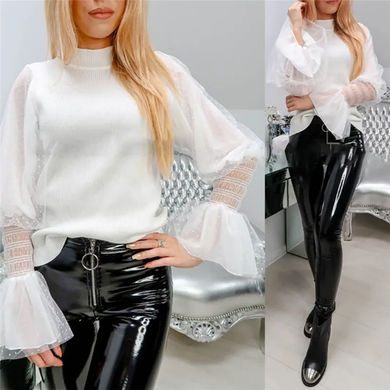 

Women Lady Mesh Long Puff Sleeve Tops Blouse Spring Office Work Wear Daily Vacation Turtleneck Knit Shirt Blouse Female Blusas