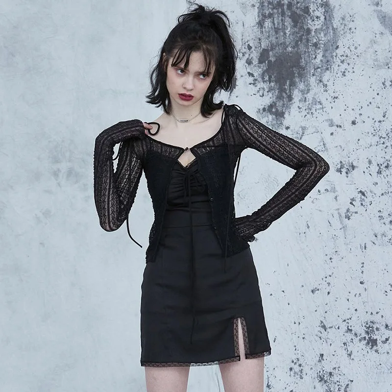 

Corsets Dresss for Women Dark Black Design Bandage Split Dress 2021 Lace Sexy Suspender Skirt Cyberpunk Clothing