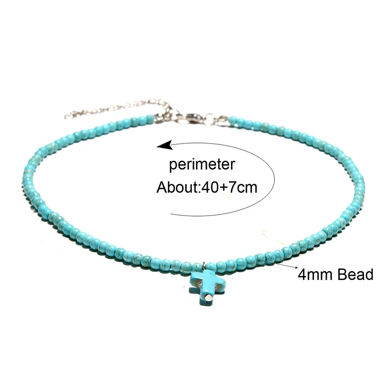 

Natural Turquoises Stone Chokers Necklaces For Women Charm Prayer Cross Necklace Light Blue&White Pendant Necklace