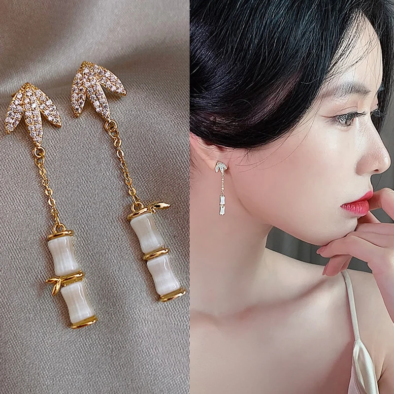 

YAOLOGE Sweet Gentle Plant Leaf Bamboo Earrings Gold White Rhinestone Fashion Earrings Long Elegant Statement Jewelry For Women