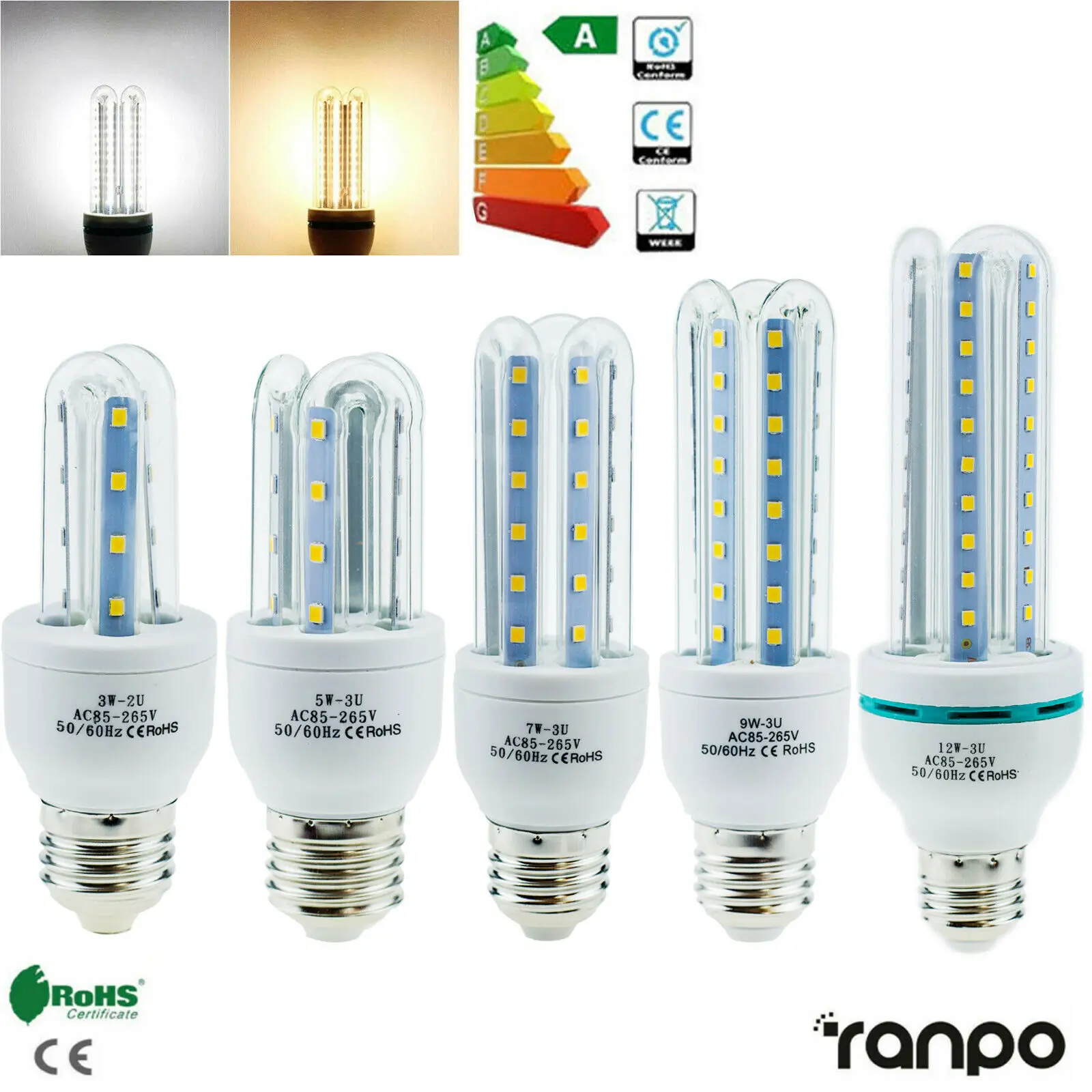 

E27 3W 5W 7W 9W 12W LED Corn Light Bulbs 85-265V U White Lamp Energy Saving Bombilla Chandelier Lighting For Home Office
