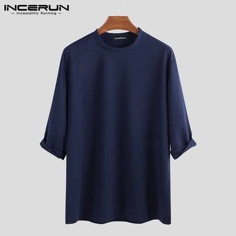 

Fashion Men Casual T Shirt Cotton Solid Color 3/4 Sleeve O Neck 2021 High Street Loose Breathable Tee Shirt Men Camiseta INCERUN