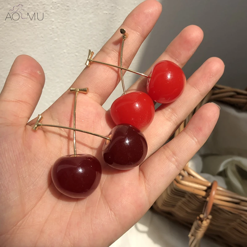 AOMU, Япония, милые, милые, имитация, красная вишня, золотой цвет, серьги-гвоздики в форме фруктов для женщин, девушек, студентов, подарок, вишневые серьги