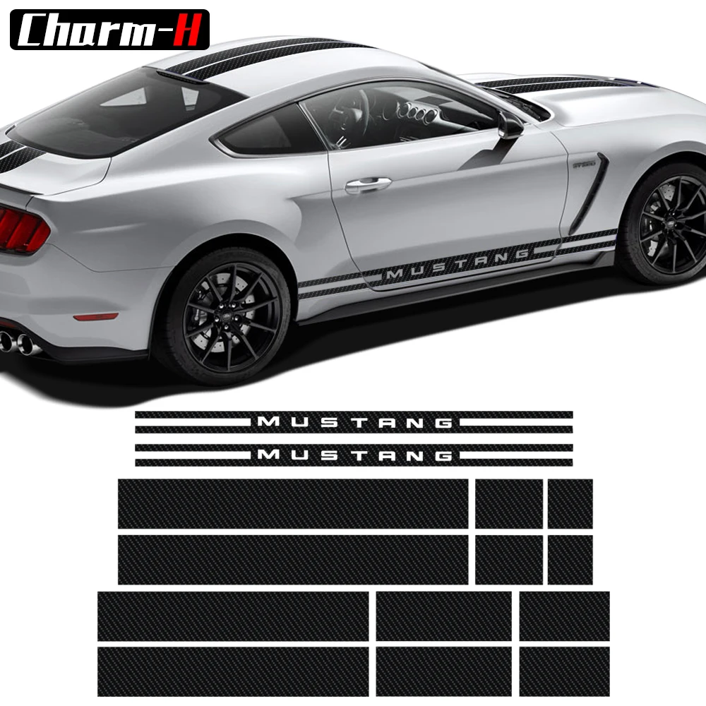 

Car Styling 5D Carbon Fibre Stickers for Ford Mustang 2015-2019 Side Skirts Stripe Front Rear Bonnet Decal Sticker Accessories