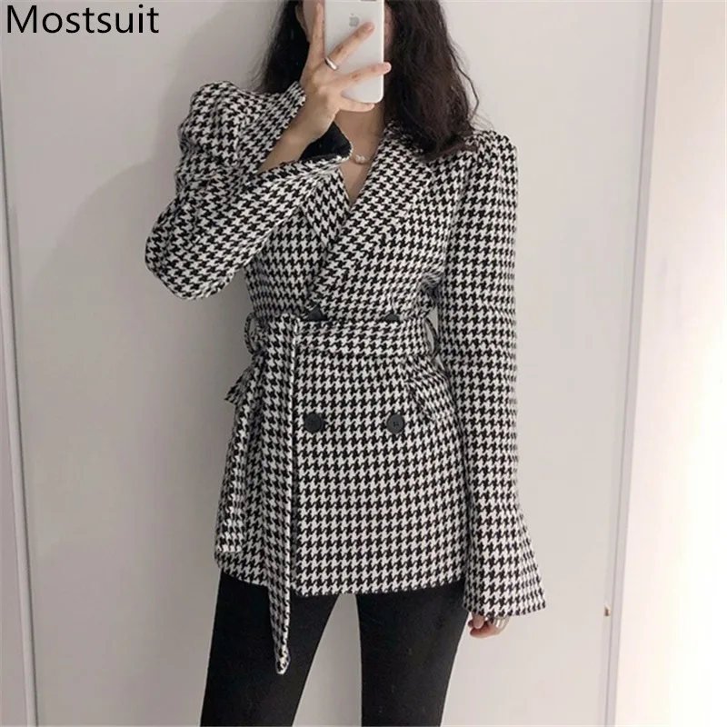 

Vintage Korean Houndstooth Woolen Suit Blazers Women Long Sleeve Double-breasted Belted Coats Jackets Elegant Workwear Outercoat