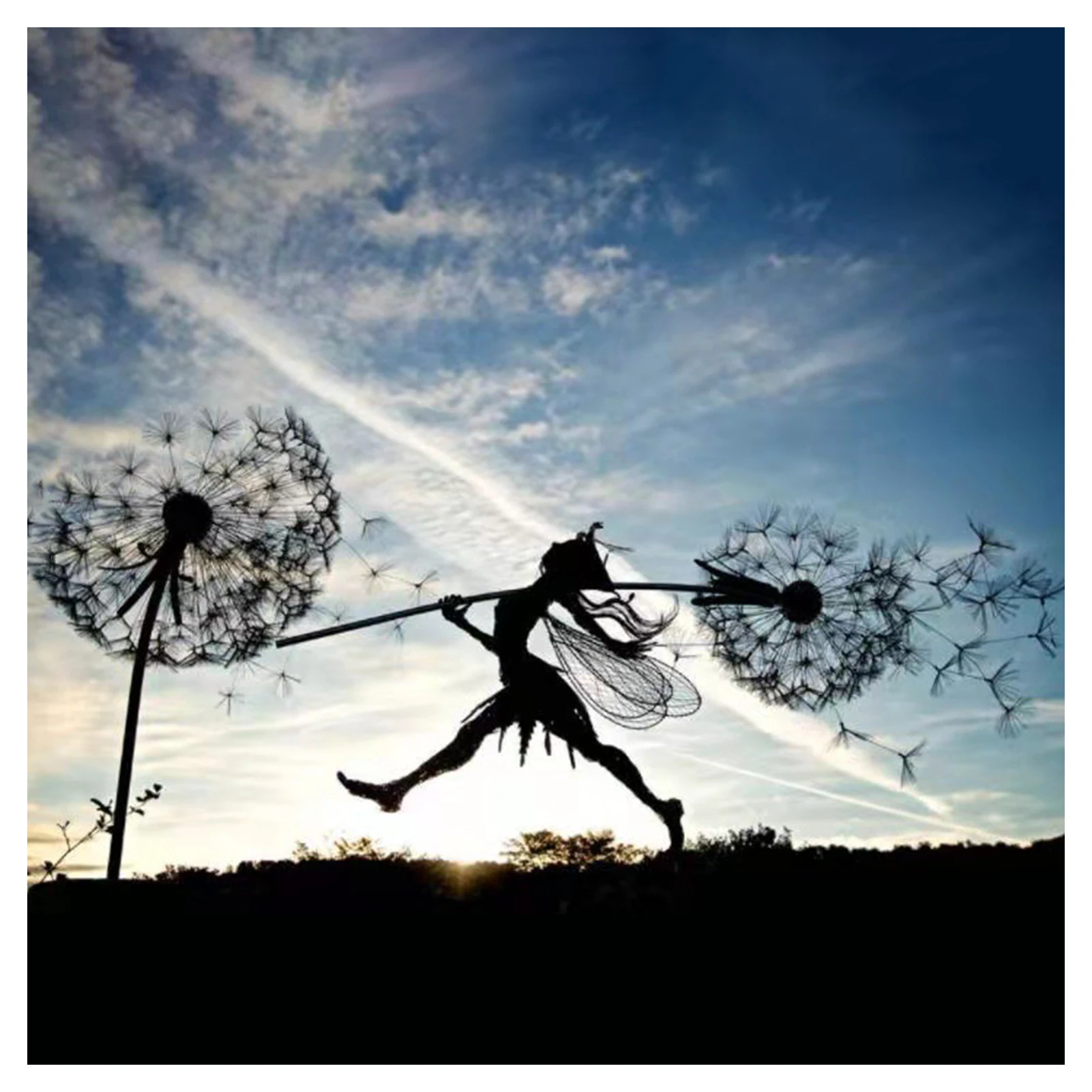 

2d Garden Fairy Decoration Stake Fairy Playing On/with The Dandelion Metal Art Elf Silhouette Ornament