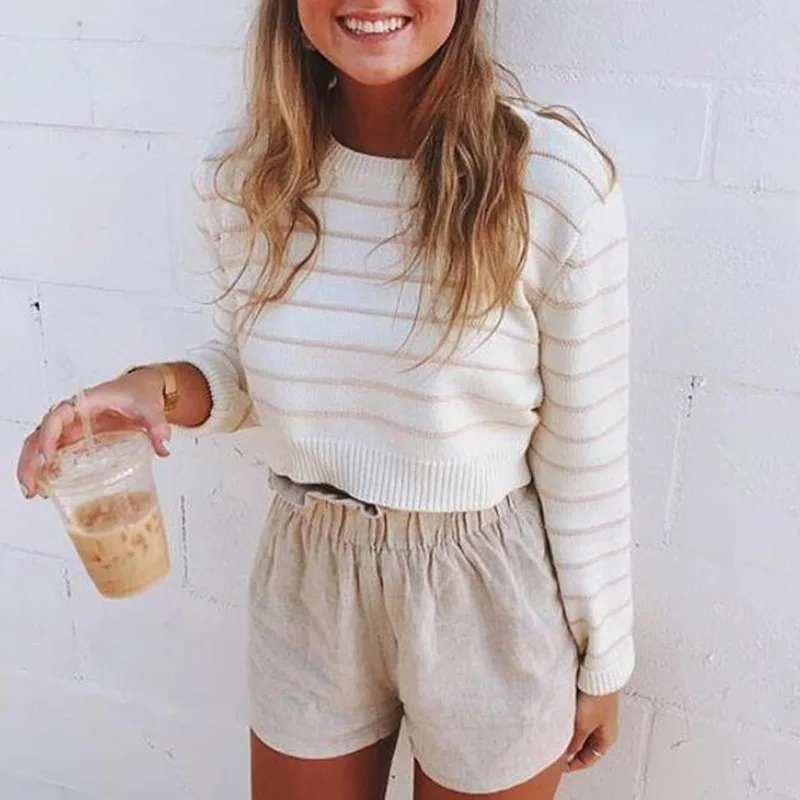 

Autumn Spring Women's O-Neck Sweater Casual Short Knitted Top Long Sleeve Female Stripe Ladies Pull Femme