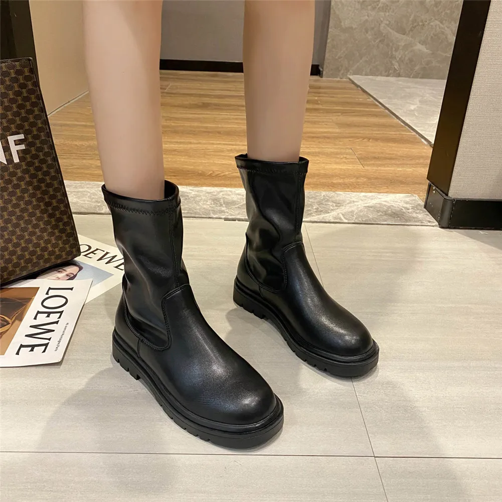 

2021 Spring Autumn New Fashion Black Ankle Boots Big Size 42 Low Platform Comfy Walking Concise Style Casual Woman Shoes