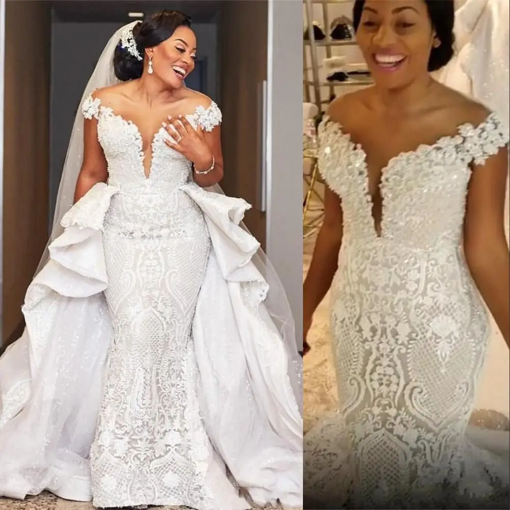 

Arabic Off Shoulders Wedding Dress Mermaid Lace Applique Beaded Bridal Dresses Sheer Neck Detachable Train Plus Size African