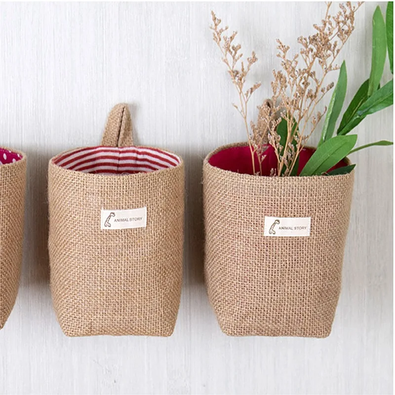 

Sack Sundries Organizer Laundry basket Stripe Wall-mounted Pocket Organizer For Cosmetic Cotton Linen Storage Baskets Home Decor