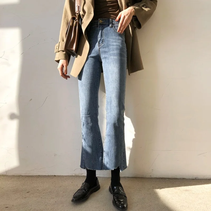 

Irregular Side Jeans Women's Autumn 2021 New High-waisted Slimming High-micro Flared Pants Nine-point Pants Ladies Fashion