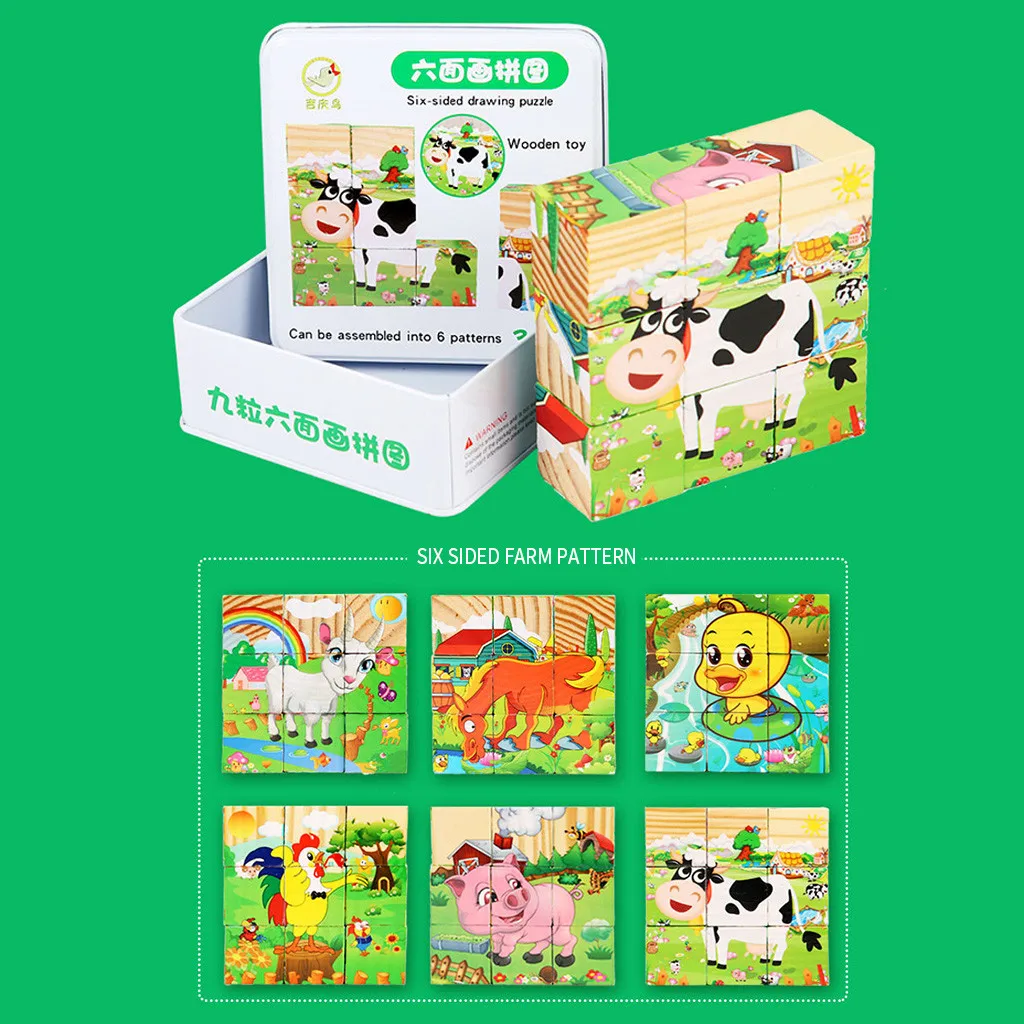 

2PCS Three-Dimensional Puzzle With Nine-Sided Duilding Animals Print Six-Sided Painting Puzzles Gift for Kids