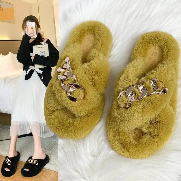 

Шлепанцы женские с заклепками, резиновые тапочки, роскошные сланцы, меховые дизайнерские плюшевые босоножки из искусственной кожи с металл...